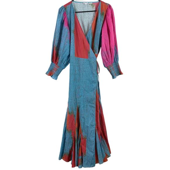 Rhode Fifi 100% Cotton Long Balloon Sleeve V-Neck Wrap Maxi Dress Ikat Medium - Picture 2 of 6